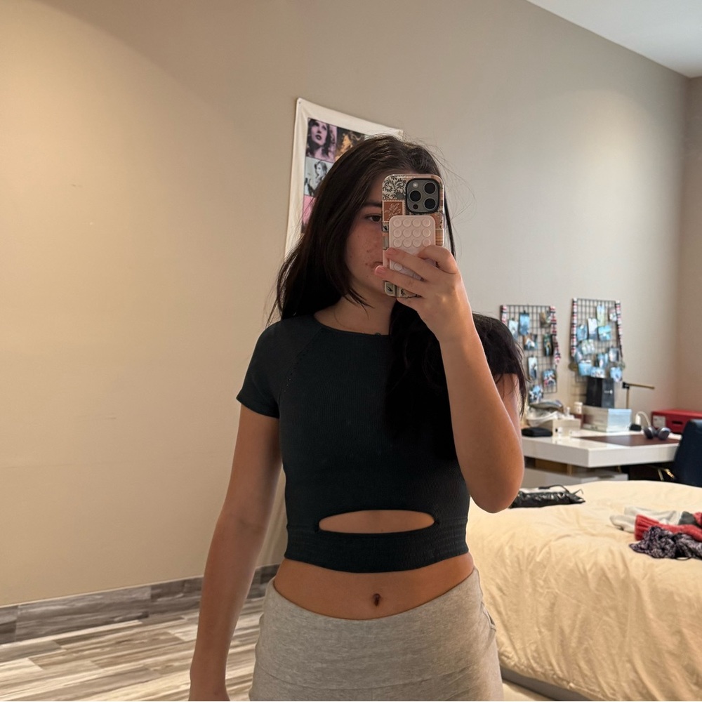 Blue free people work out top with cut out